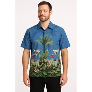 Reyn‎ Spooner Shirt Mens Large Blue Hawaiian Retro Tropical Cocktail Palm Print
